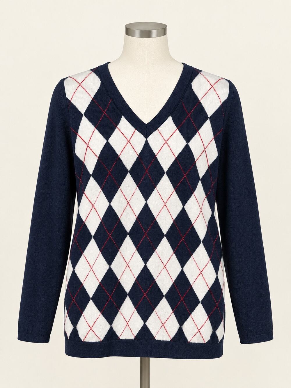 Tommy Hilfiger Argyle V Neck Sweater Size L Navy Blue White Red Preppy Knit